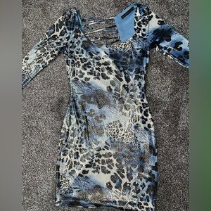 Blue Animal-Print Long Sleeve Bodycon Dress with Ladder Back